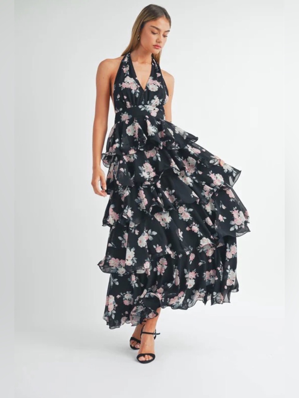 A611. Mable Black Floral Halter Ruffle Maxi Dress
